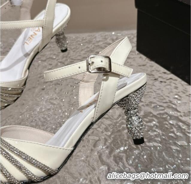 Grade Quality Chanel Patent Calfskin Slingback Pumps 6.5cm with Crystals Strap White 425057