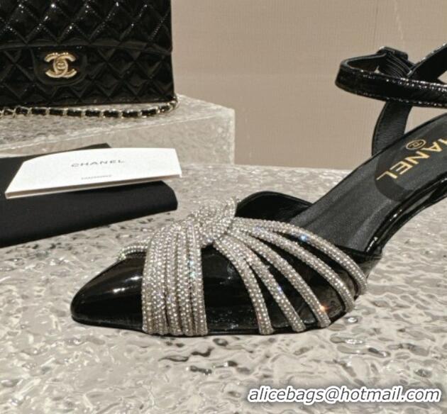 Best Grade Chanel Patent Calfskin Slingback Pumps 6.5cm with Crystals Strap Black 425058