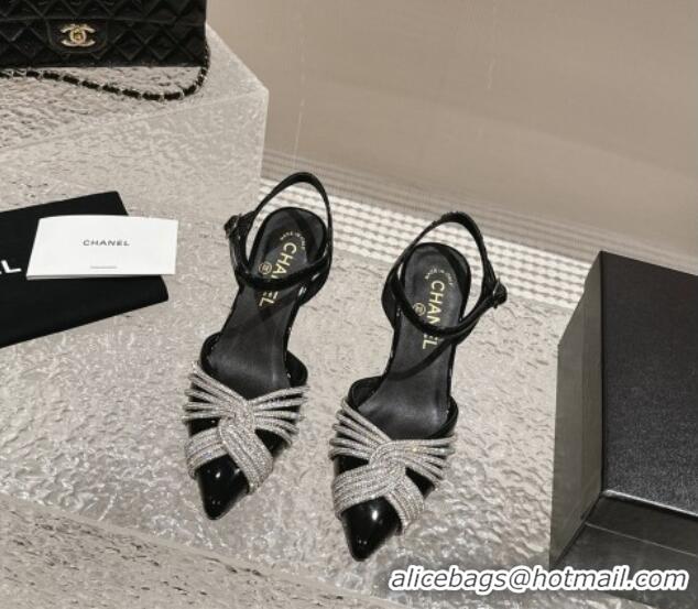 Best Grade Chanel Patent Calfskin Slingback Pumps 6.5cm with Crystals Strap Black 425058