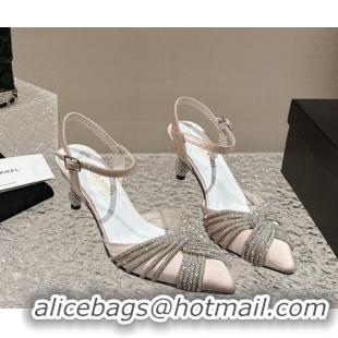 Low Price Chanel Satin Slingback Pumps 6.5cm with Crystals Strap Pink 425059