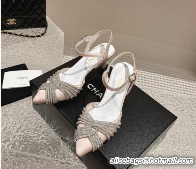 Low Price Chanel Satin Slingback Pumps 6.5cm with Crystals Strap Pink 425059