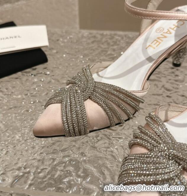 Low Price Chanel Satin Slingback Pumps 6.5cm with Crystals Strap Pink 425059