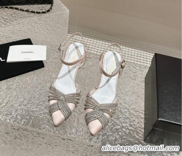 Low Price Chanel Satin Slingback Pumps 6.5cm with Crystals Strap Pink 425059