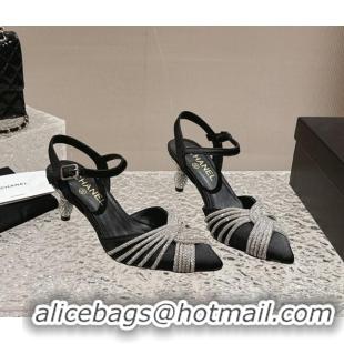 Classic Hot Chanel Satin Slingback Pumps 6.5cm with Crystals Strap Black 425060