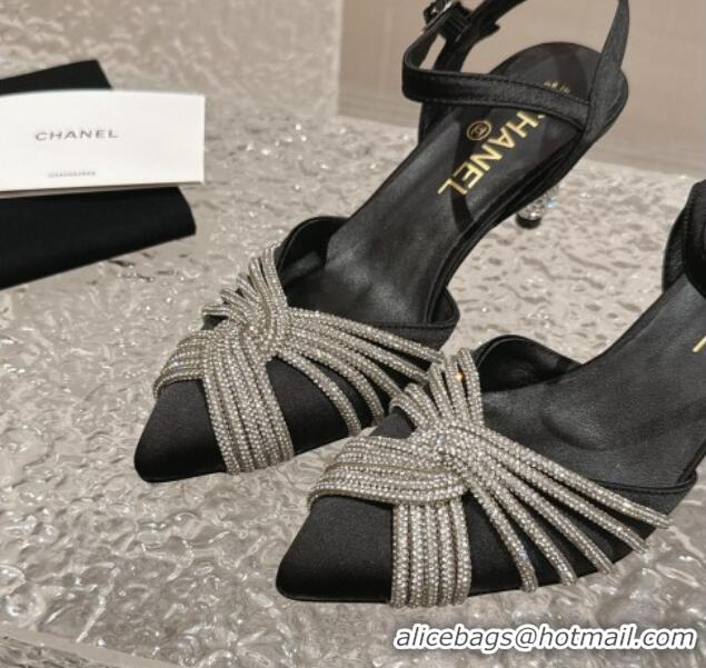 Classic Hot Chanel Satin Slingback Pumps 6.5cm with Crystals Strap Black 425060