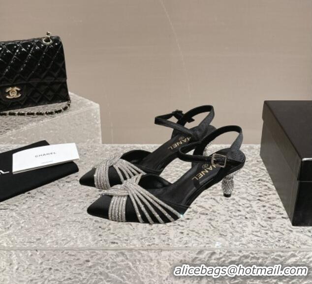 Classic Hot Chanel Satin Slingback Pumps 6.5cm with Crystals Strap Black 425060