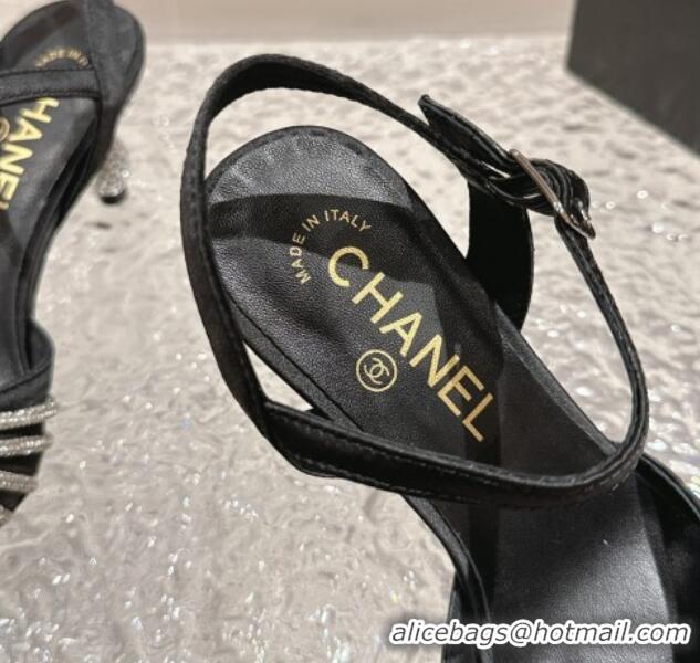 Classic Hot Chanel Satin Slingback Pumps 6.5cm with Crystals Strap Black 425060