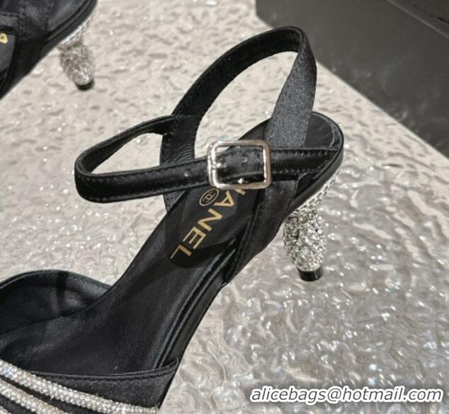 Classic Hot Chanel Satin Slingback Pumps 6.5cm with Crystals Strap Black 425060