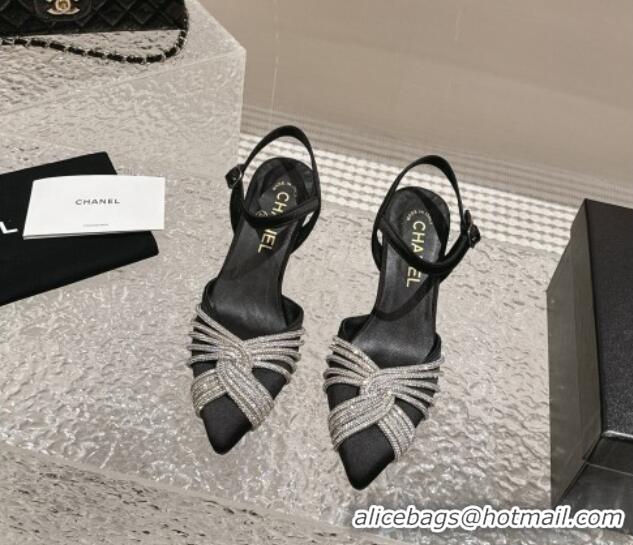 Classic Hot Chanel Satin Slingback Pumps 6.5cm with Crystals Strap Black 425060