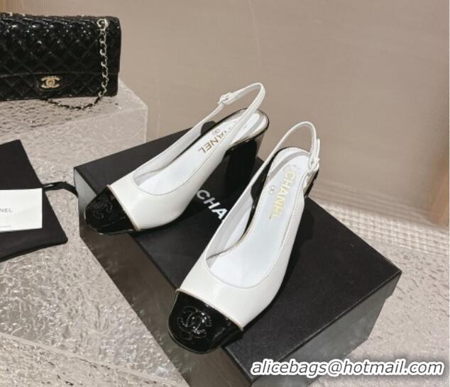 Discount Chanel Patent & Calfskin Slingback Pumps 6.5cm White 425061