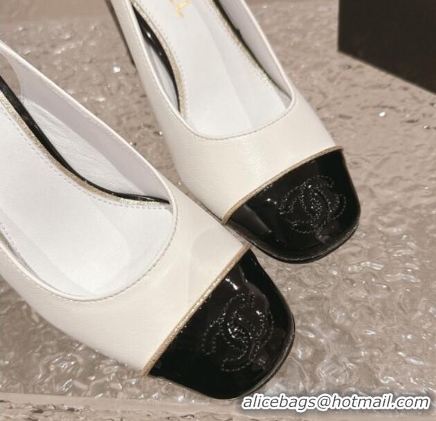 Discount Chanel Patent & Calfskin Slingback Pumps 6.5cm White 425061