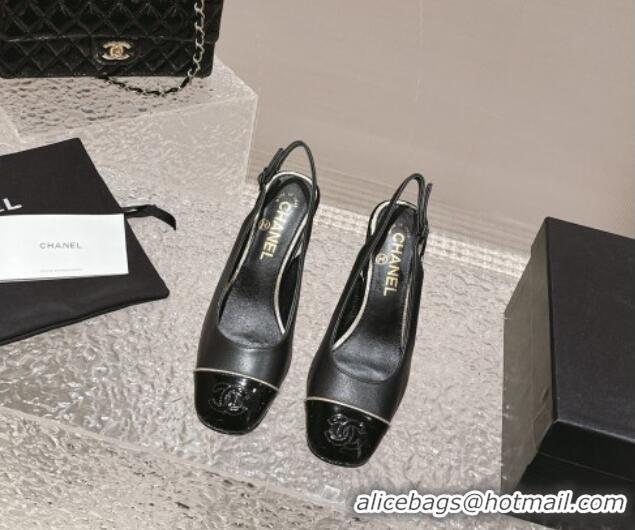 Generous Chanel Patent & Calfskin Slingback Pumps 6.5cm Black 425062