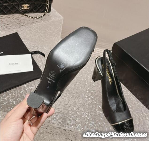 Generous Chanel Patent & Calfskin Slingback Pumps 6.5cm Black 425062