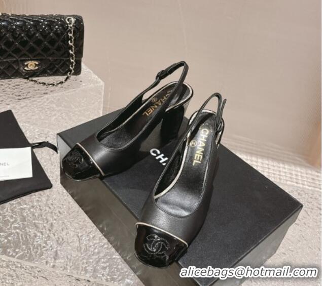 Generous Chanel Patent & Calfskin Slingback Pumps 6.5cm Black 425062