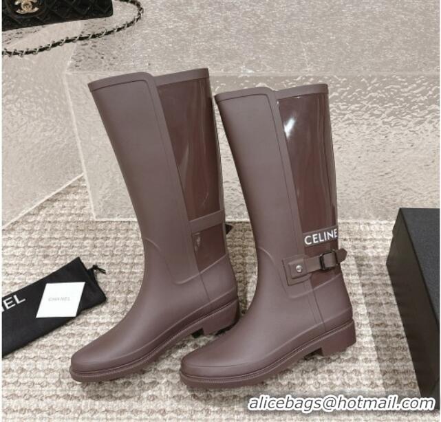 Shop Cheap Chanel Rubber High Rain Boots with Buckle Brown 425064