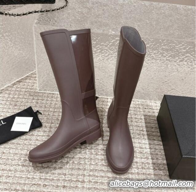 Shop Cheap Chanel Rubber High Rain Boots with Buckle Brown 425064