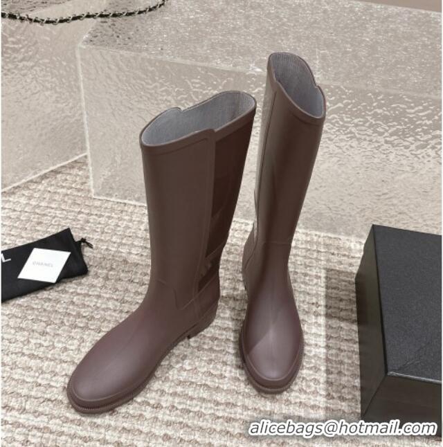 Shop Cheap Chanel Rubber High Rain Boots with Buckle Brown 425064