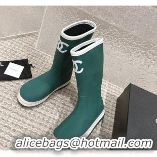 Low Cost Chanel Rubber Ankle Rain Boots with White Trim Green 425065