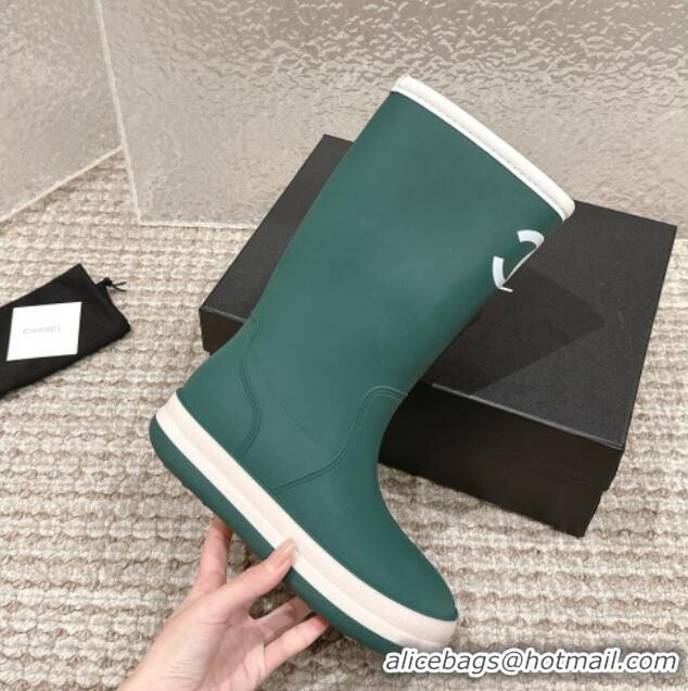 Low Cost Chanel Rubber Ankle Rain Boots with White Trim Green 425065