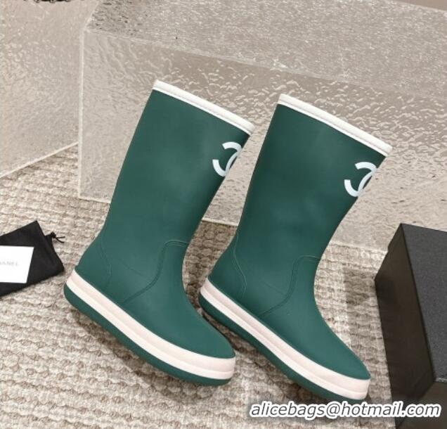 Low Cost Chanel Rubber Ankle Rain Boots with White Trim Green 425065