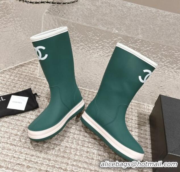 Low Cost Chanel Rubber Ankle Rain Boots with White Trim Green 425065