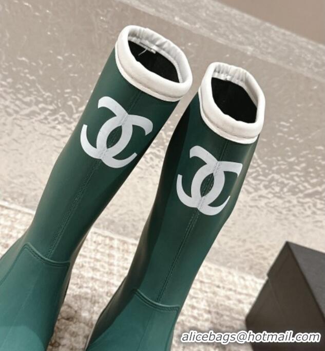 Low Cost Chanel Rubber Ankle Rain Boots with White Trim Green 425065