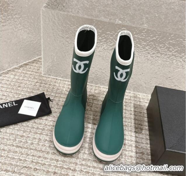 Low Cost Chanel Rubber Ankle Rain Boots with White Trim Green 425065