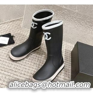 Top Grade Chanel Rubber Ankle Rain Boots with White Trim Black 425066