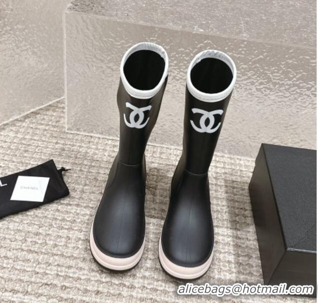 Top Grade Chanel Rubber Ankle Rain Boots with White Trim Black 425066