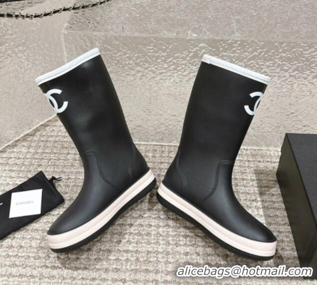 Top Grade Chanel Rubber Ankle Rain Boots with White Trim Black 425066