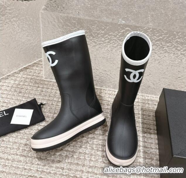 Top Grade Chanel Rubber Ankle Rain Boots with White Trim Black 425066