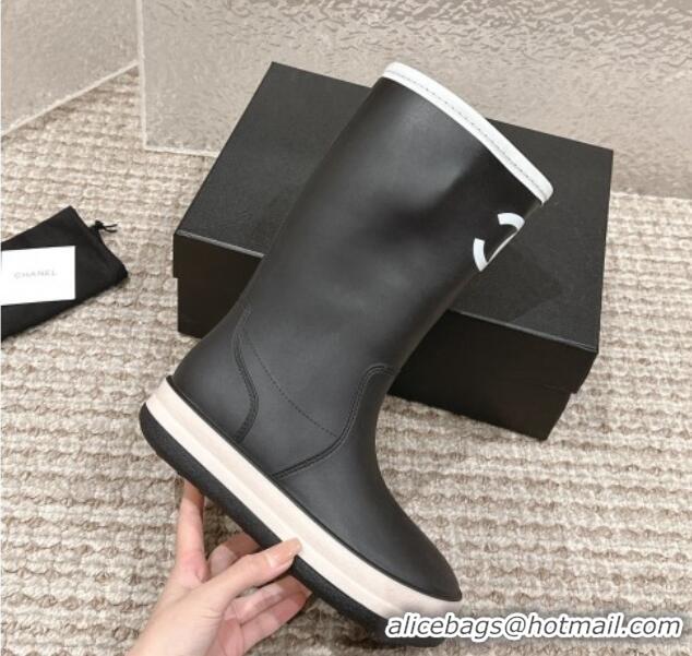 Top Grade Chanel Rubber Ankle Rain Boots with White Trim Black 425066