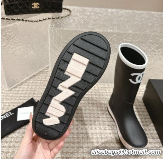 Top Grade Chanel Rubber Ankle Rain Boots with White Trim Black 425066