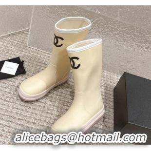 Pretty Style Chanel Rubber Ankle Rain Boots with White Trim Light Beige 425067