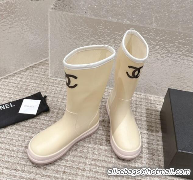 Pretty Style Chanel Rubber Ankle Rain Boots with White Trim Light Beige 425067