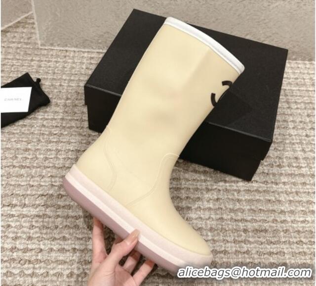 Pretty Style Chanel Rubber Ankle Rain Boots with White Trim Light Beige 425067