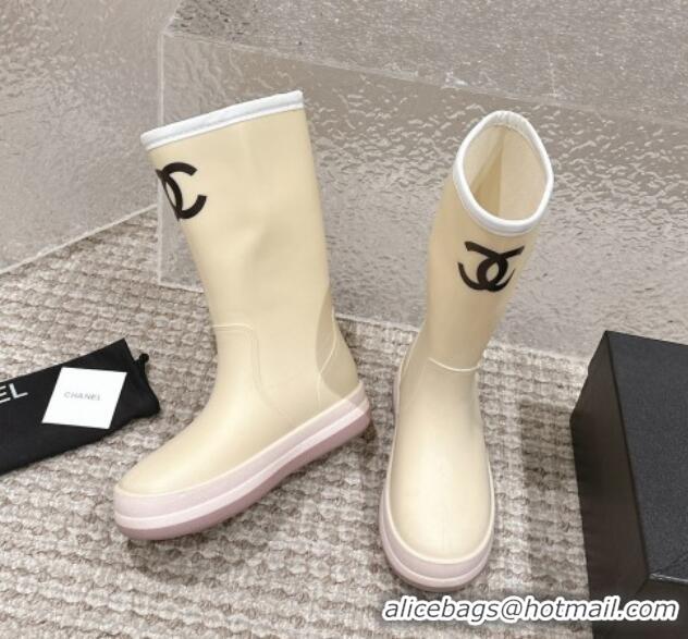 Pretty Style Chanel Rubber Ankle Rain Boots with White Trim Light Beige 425067