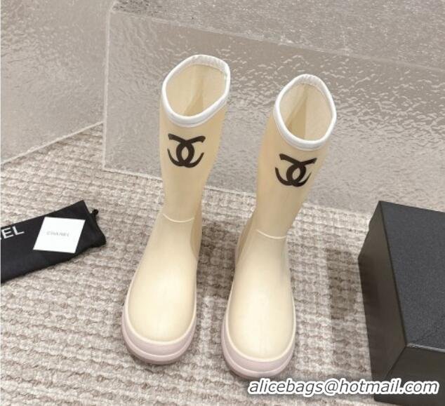 Pretty Style Chanel Rubber Ankle Rain Boots with White Trim Light Beige 425067