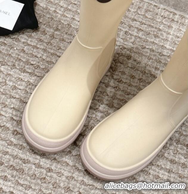 Pretty Style Chanel Rubber Ankle Rain Boots with White Trim Light Beige 425067