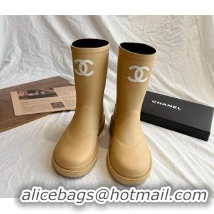 Most Popular Chanel Rubber Ankle Rain Boots with Front CC Beige 425068