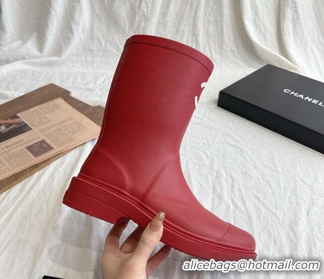 Top Design Chanel Rubber Ankle Rain Boots with Front CC Red 0425069