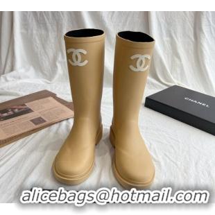 Lower Price Chanel Rubber Medium Rain Boots with Front CC Beige 0425072