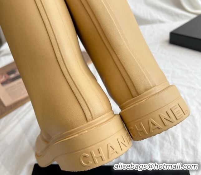 Lower Price Chanel Rubber Medium Rain Boots with Front CC Beige 0425072