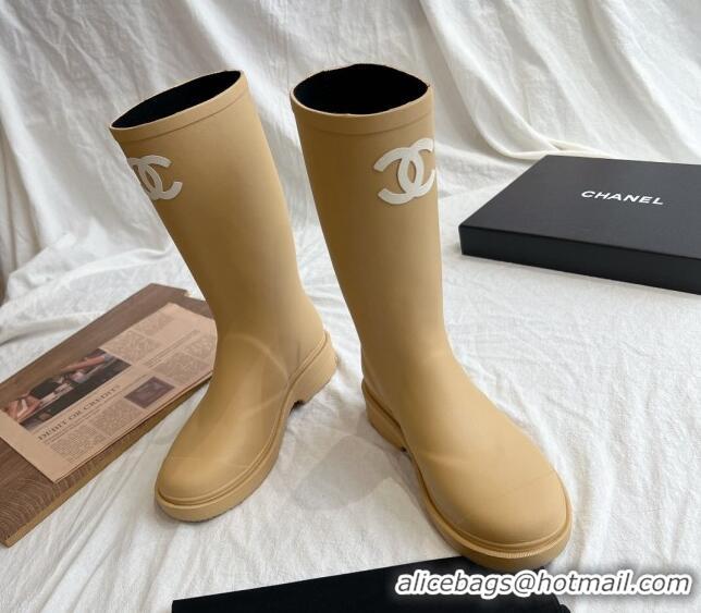 Lower Price Chanel Rubber Medium Rain Boots with Front CC Beige 0425072