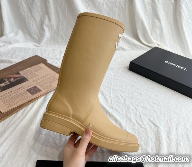 Lower Price Chanel Rubber Medium Rain Boots with Front CC Beige 0425072