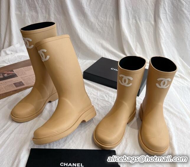 Lower Price Chanel Rubber Medium Rain Boots with Front CC Beige 0425072