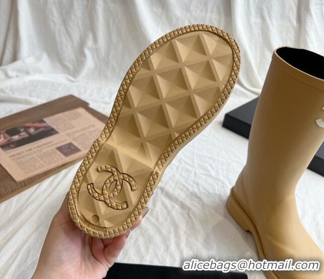 Lower Price Chanel Rubber Medium Rain Boots with Front CC Beige 0425072