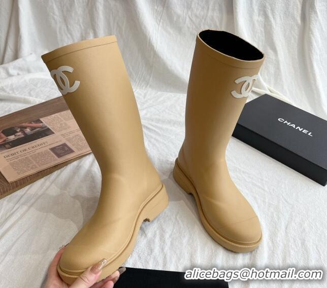 Lower Price Chanel Rubber Medium Rain Boots with Front CC Beige 0425072