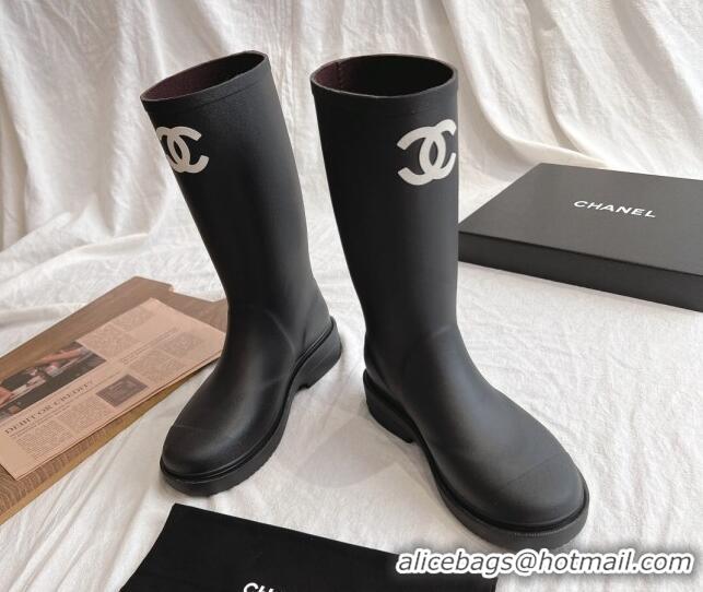 Popular Style Chanel Rubber Medium Rain Boots with Front CC Black 425074