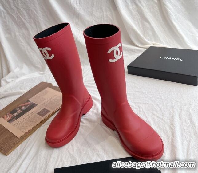 Good Product Chanel Rubber Medium Rain Boots with Front CC Red 425075